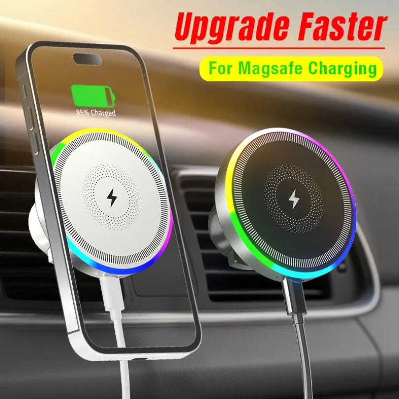 RGB Magnetic Wireless Car Charger Holder – MagSafe, Air Vent, 360° Rotation