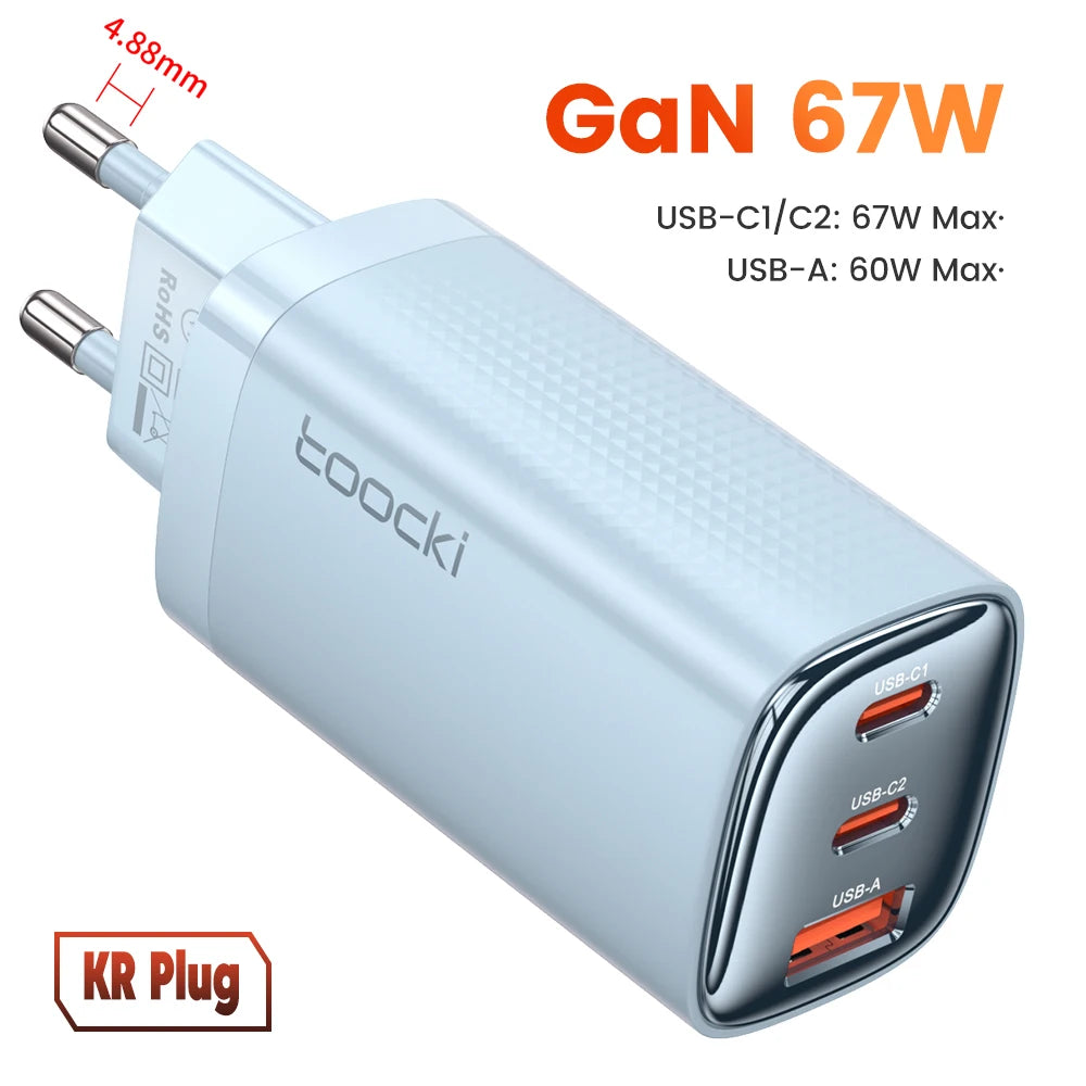 67W GaN USB-C Charger – 3 Ports, Digital Display, Fast Charge for Laptop & Phone