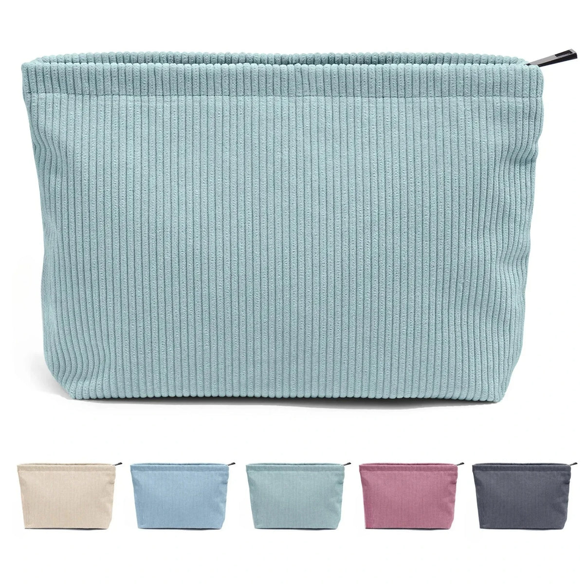 Corduroy Makeup Pouch – Large Zipper Cosmetic Bag & Brush Storage Clutch