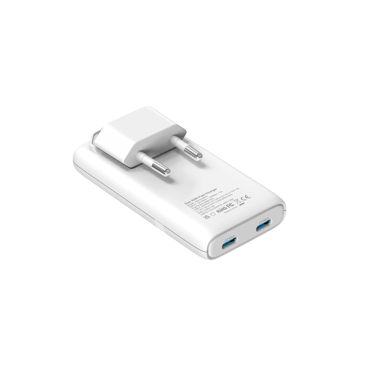 65W GaN Dual USB-C Wall Charger – Flat, Foldable Plug, Fast Charging, White/Black