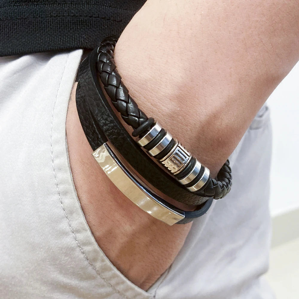 Men's Stainless Steel Leather Bracelet — Braided