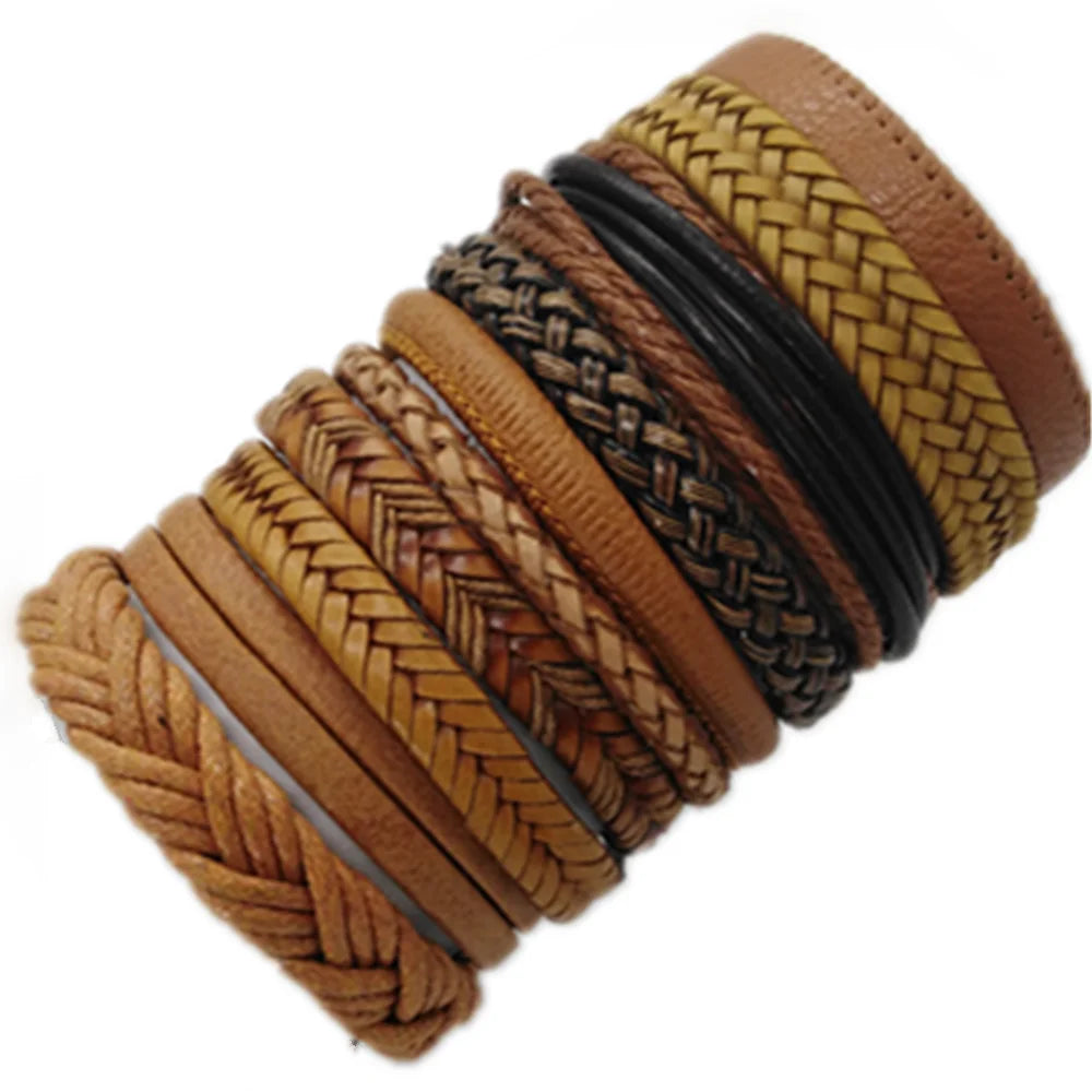 10-Piece Leather Wrap Bracelet Set — Handmade Woven