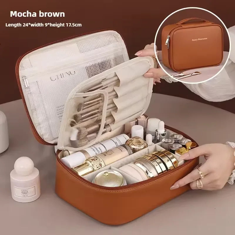 Women's Double Layer Makeup Bag – Large Capacity PU Cosmetic Organizer