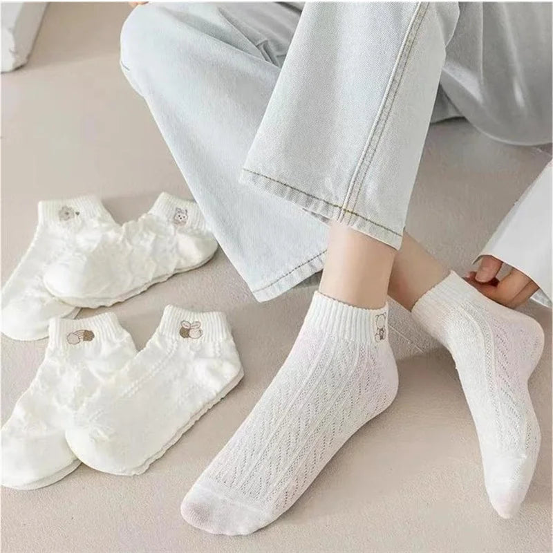 5-Pair Women's Ankle Socks – Cute Bear & Rabbit Print