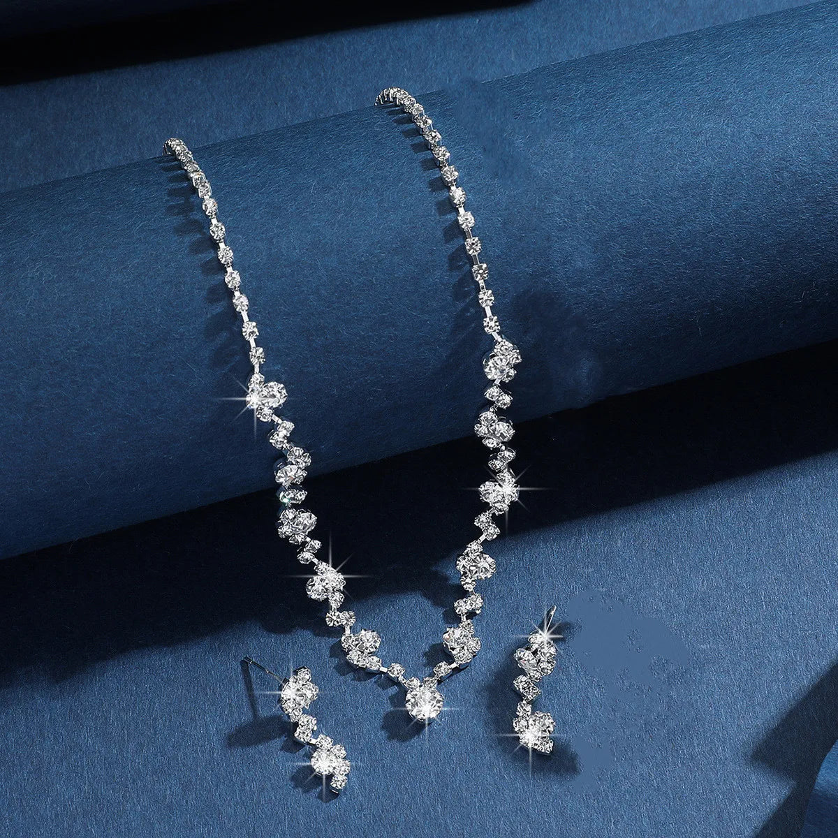 Rhinestone Necklace & Earrings Set – Geometric Zinc Alloy | Women's Bridal & Wedding Jewelry