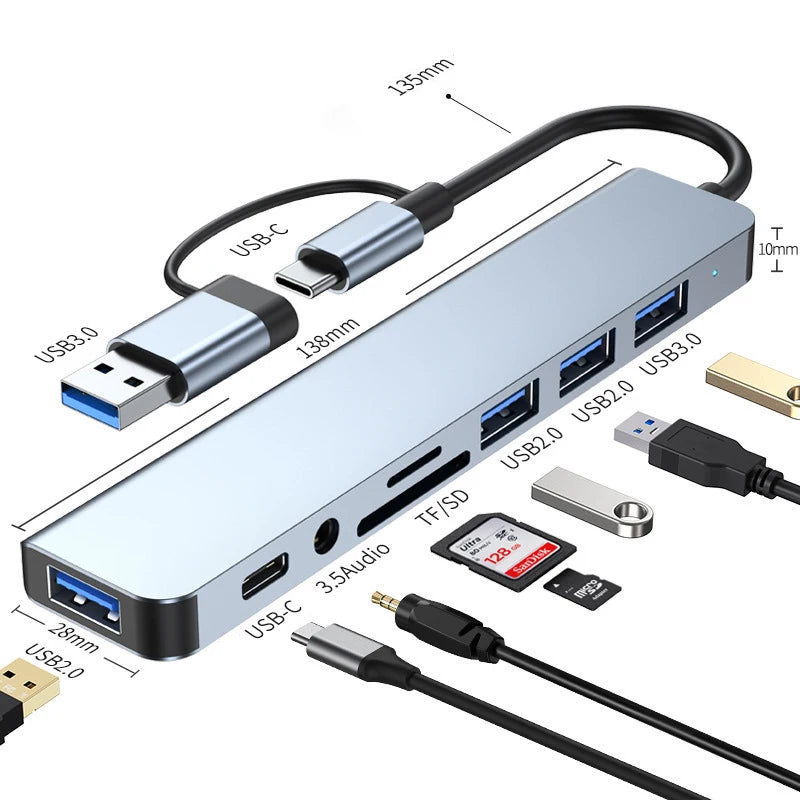 8-in-2 USB + USB-C Hub – SD Card Reader, 3.5mm Audio, USB 3.0 Docking Station