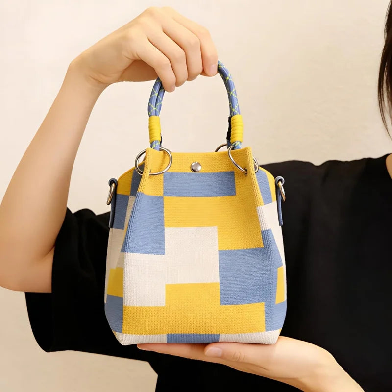 Women's Mini Knitted Bucket Bag – Boho Colorblock Wristlet Purse
