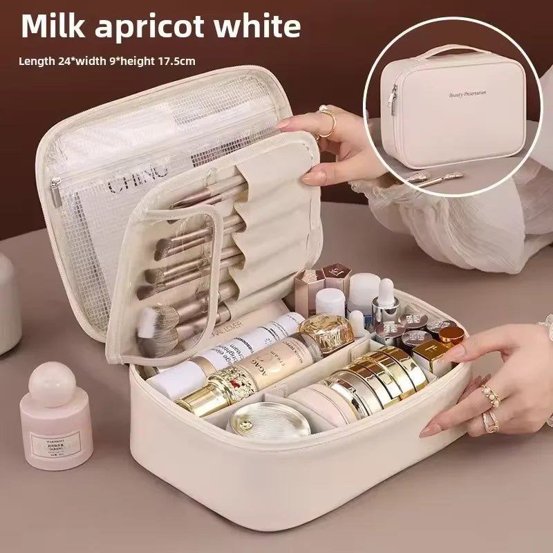 Women's Double Layer Makeup Bag – Large Capacity PU Cosmetic Organizer