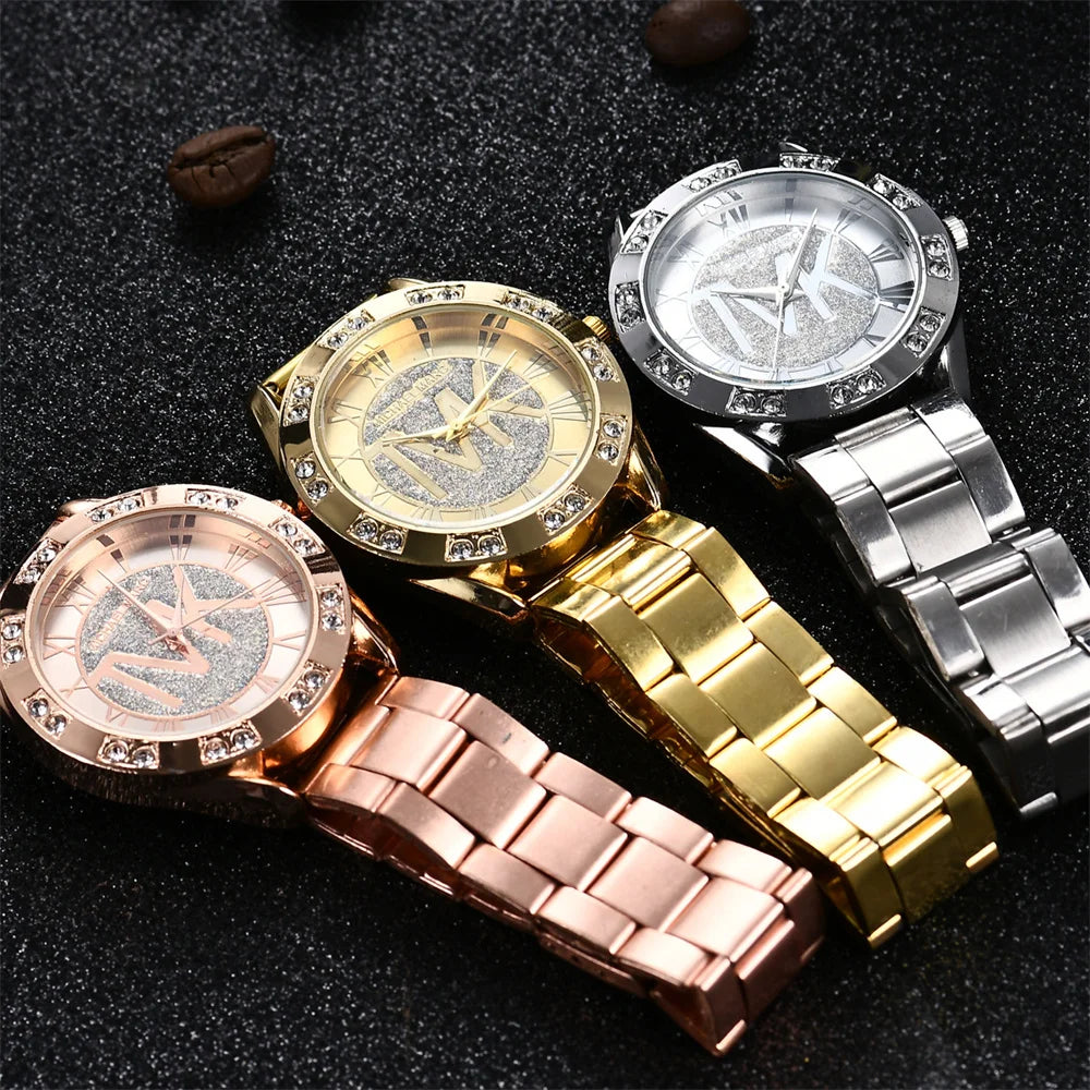 Women's Diamond Quartz Watch – Stainless Steel Bracelet, Round Dial | Gold, Silver, Rose Gold