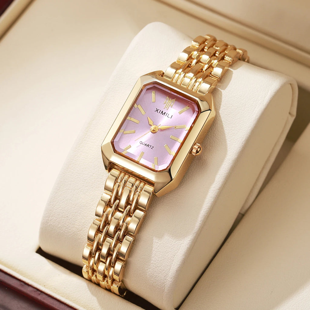 Women's Rectangle Quartz Watch – Alloy Band, Numberless Dial | Silver & Gold Tones