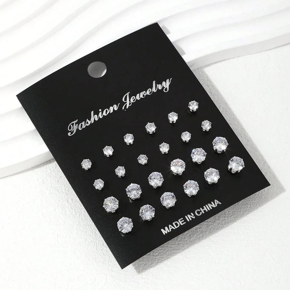 Cubic Zirconia Stud Earrings Set – 12, 24 or 36 Pairs | Shiny Silver Crystal Ear Jewelry for Women