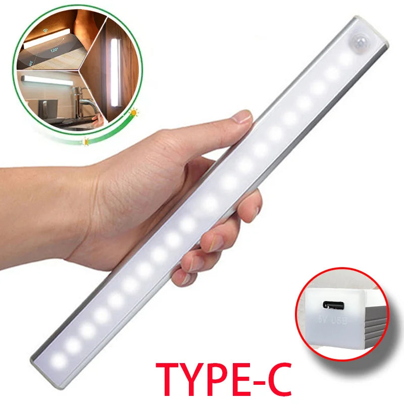 LED Strip Night Light – Motion Sensor, USB-C Rechargeable, Cabinet & Stair Lamp