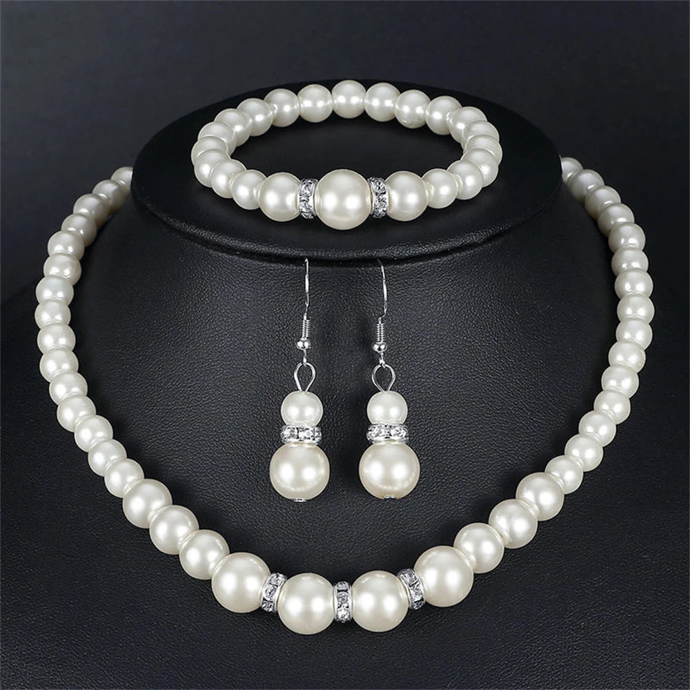 Pearl & Crystal Jewelry Set – Necklace, Bracelet & Earrings | Women's Wedding & Gift Accessories
