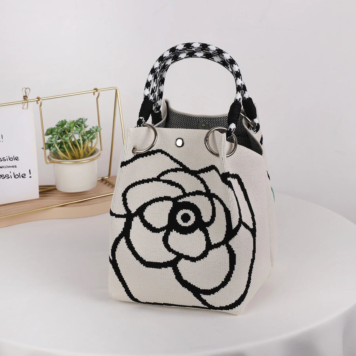 Women's Mini Knitted Bucket Bag – Boho Colorblock Wristlet Purse
