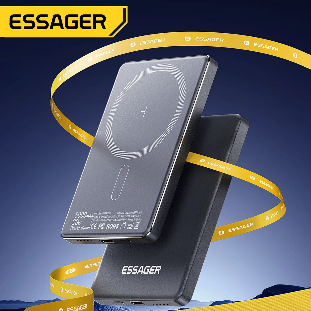 Essager 5000mAh Magnetic Wireless Power Bank – 20W, Ultra-Slim Metal, MagSafe, iPhone 14-17