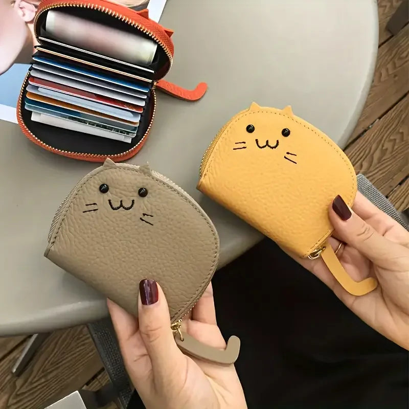 Cartoon Cat Coin Purse & Card Holder – PU Leather, Zipper Closure