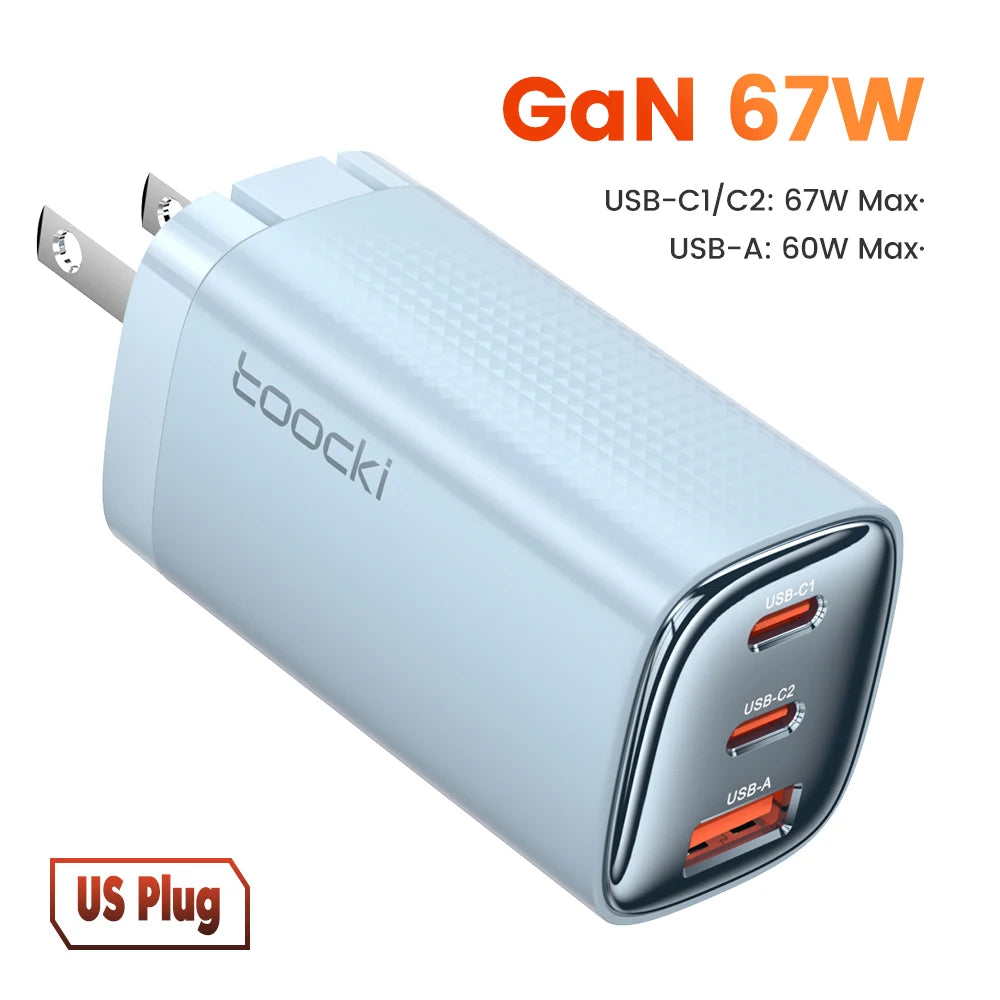 67W GaN USB-C Charger – 3 Ports, Digital Display, Fast Charge for Laptop & Phone