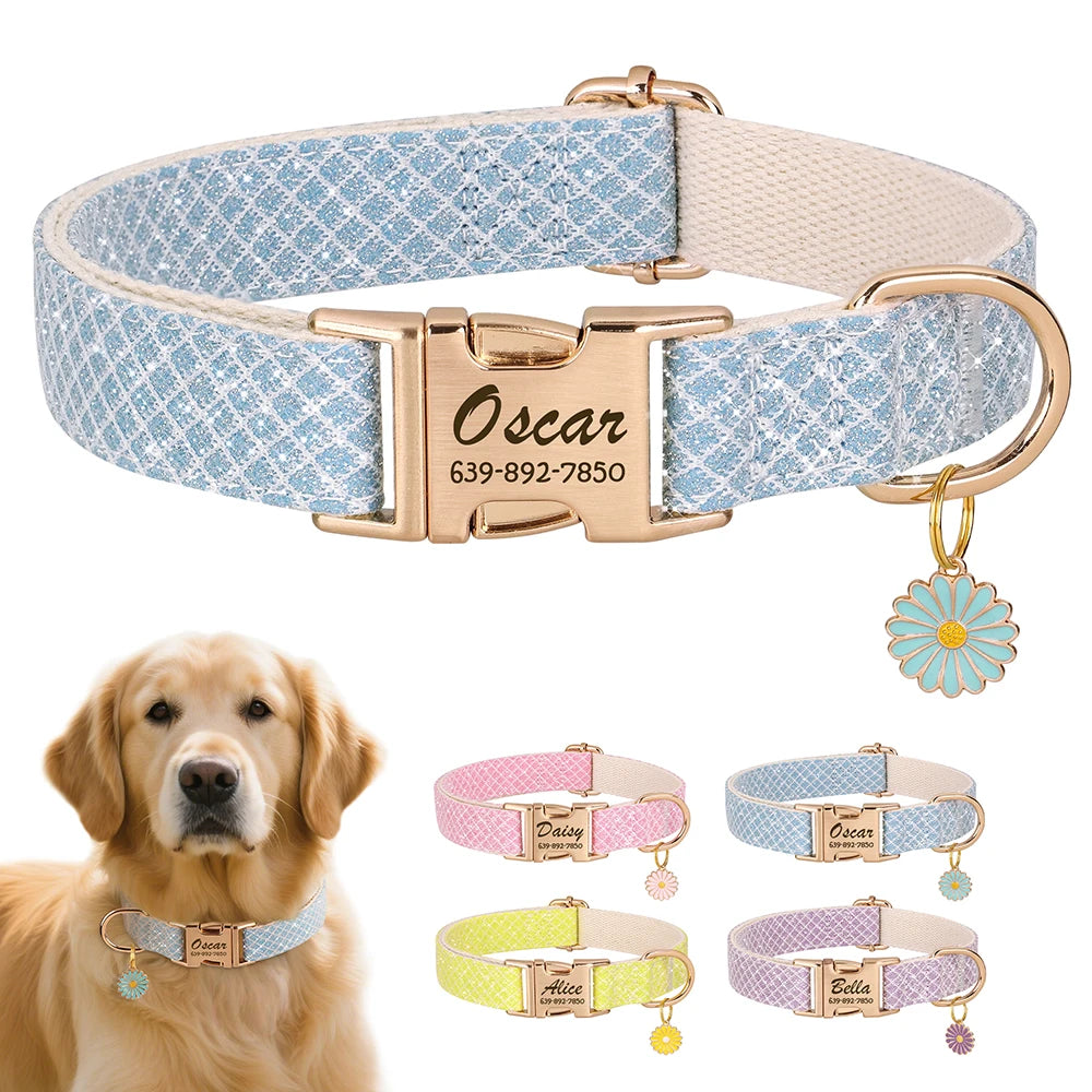 Personalized Bling Nylon Dog Collar – Free Engraved ID Tag with Flower Accessory