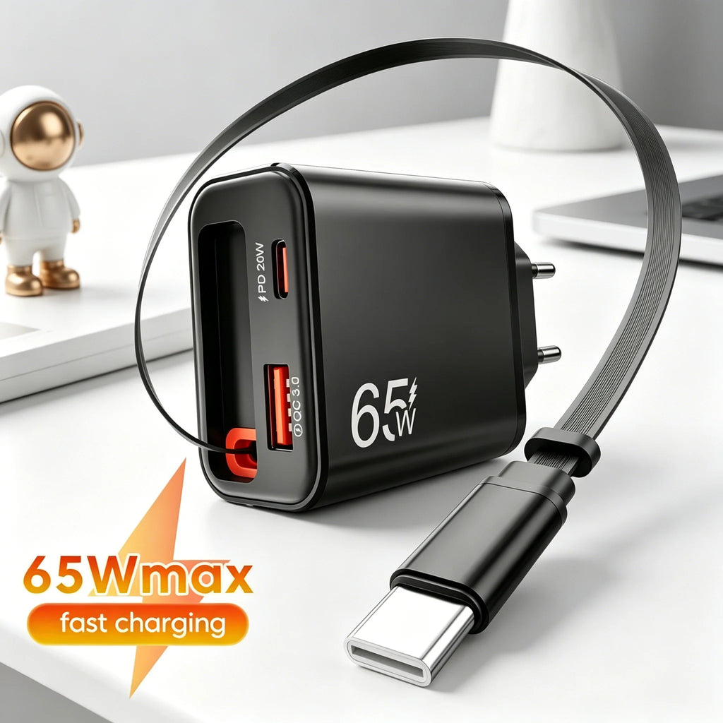 65W Wall Charger with Retractable USB-C Cable – PD & QC3.0 Fast Charging for iPhone, Samsung & Xiaomi