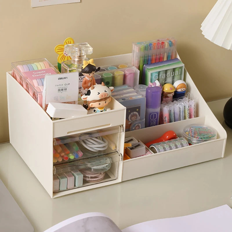 Desktop Cosmetic Organizer with Drawer – Beige Makeup Storage Box & Display Case