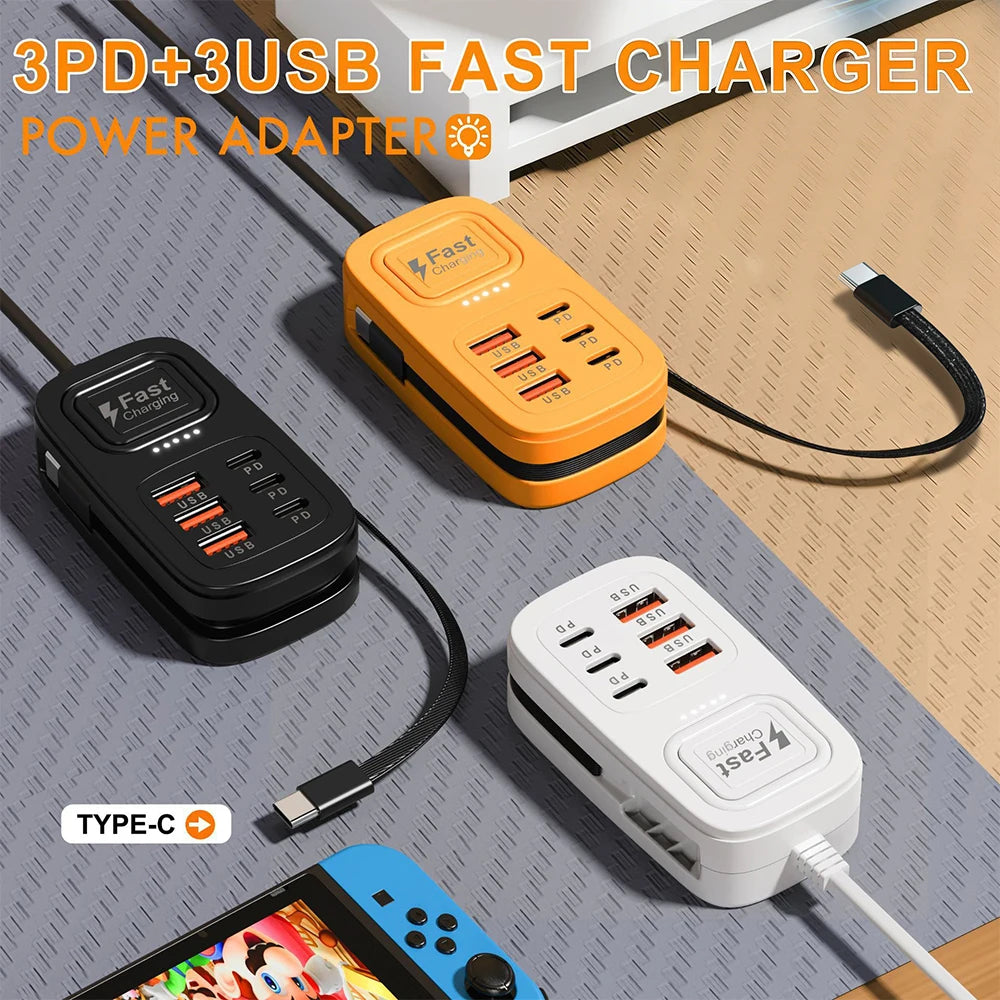 6-Port USB Fast Charger – Desktop Charging Station with USB-C (EU/UK/US)