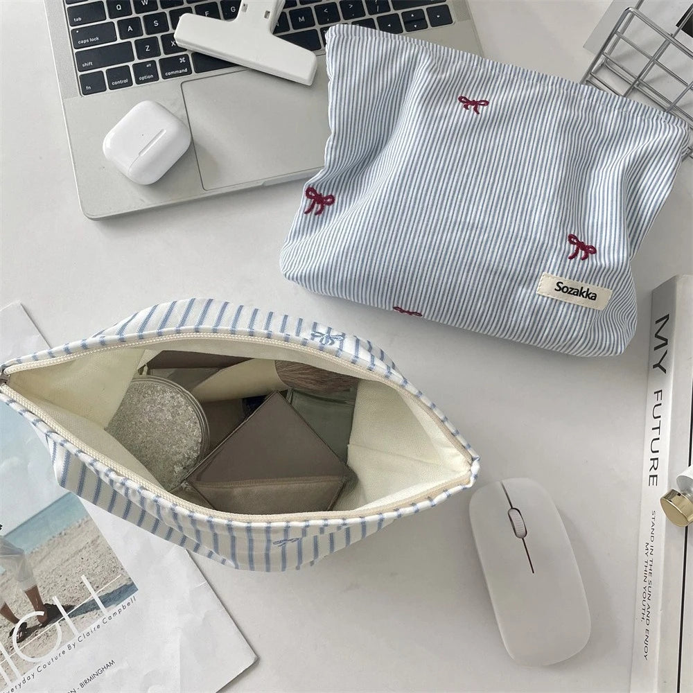 Embroidered Striped Makeup Bag – Plaid Cosmetic Pouch & Travel Toiletry Organizer