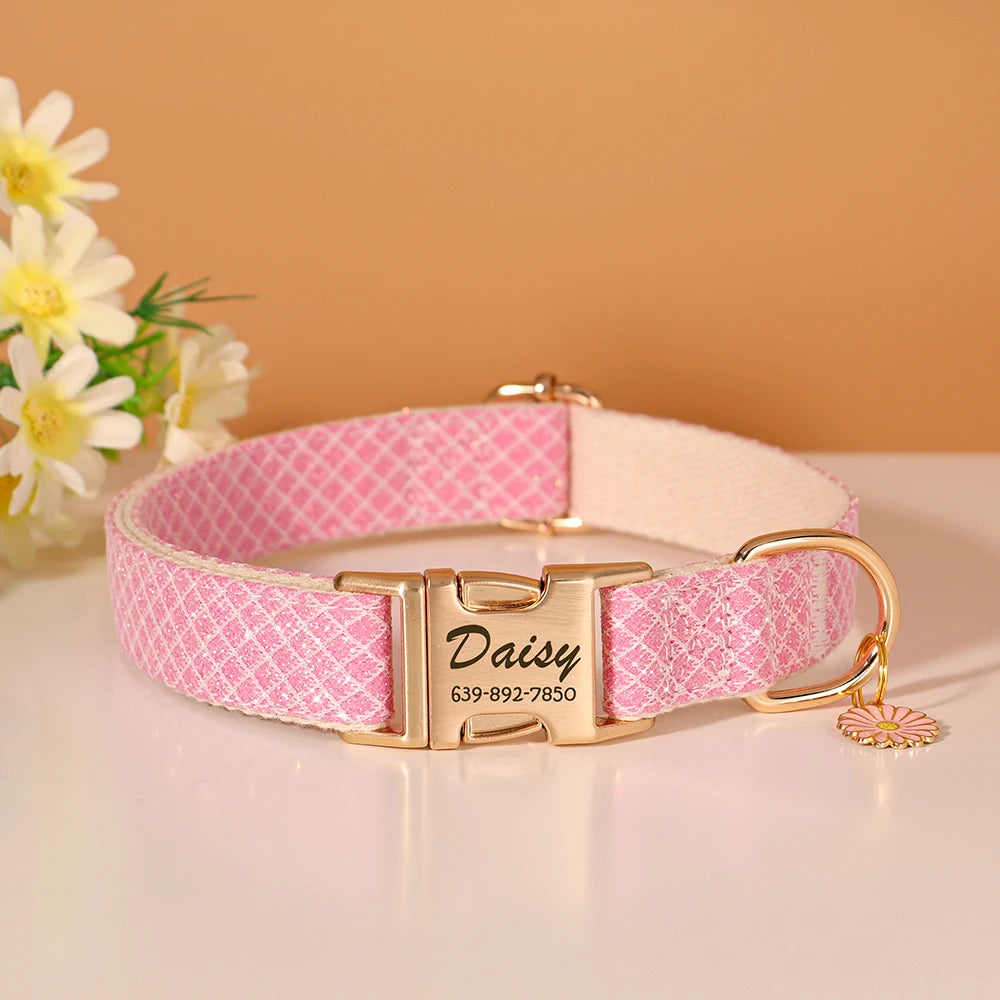 Personalized Bling Nylon Dog Collar – Free Engraved ID Tag with Flower Accessory
