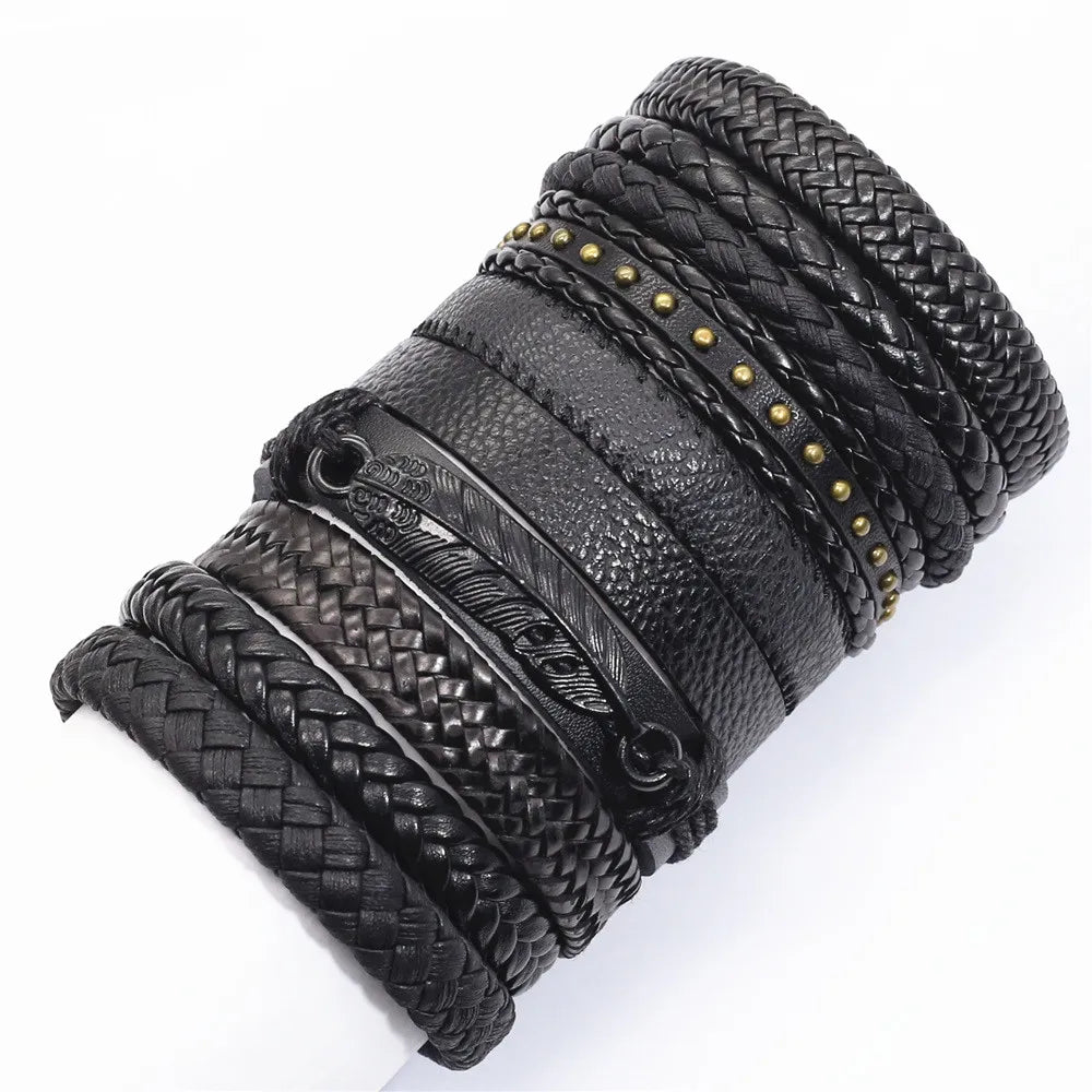 10-Piece Leather Wrap Bracelet Set — Handmade Woven