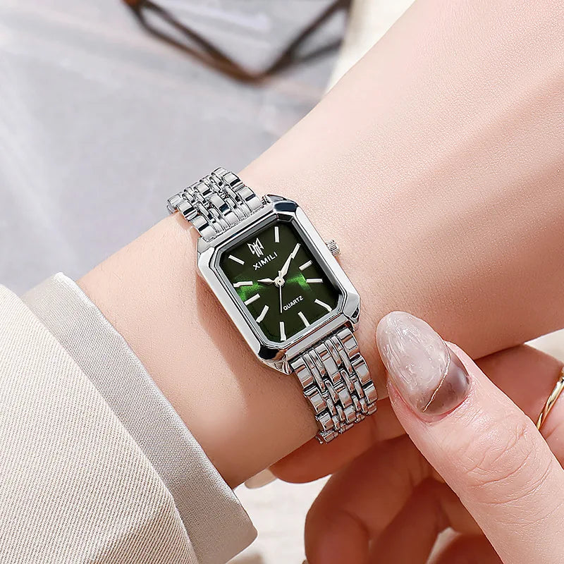Women's Rectangle Quartz Watch – Alloy Band, Numberless Dial | Silver & Gold Tones