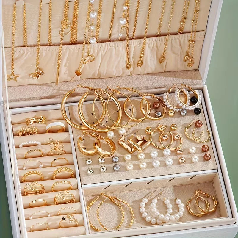 86-Piece Boho Jewelry Set – Pearl & Alloy Earrings, Necklaces, Rings & Bracelets | Gold & Silver