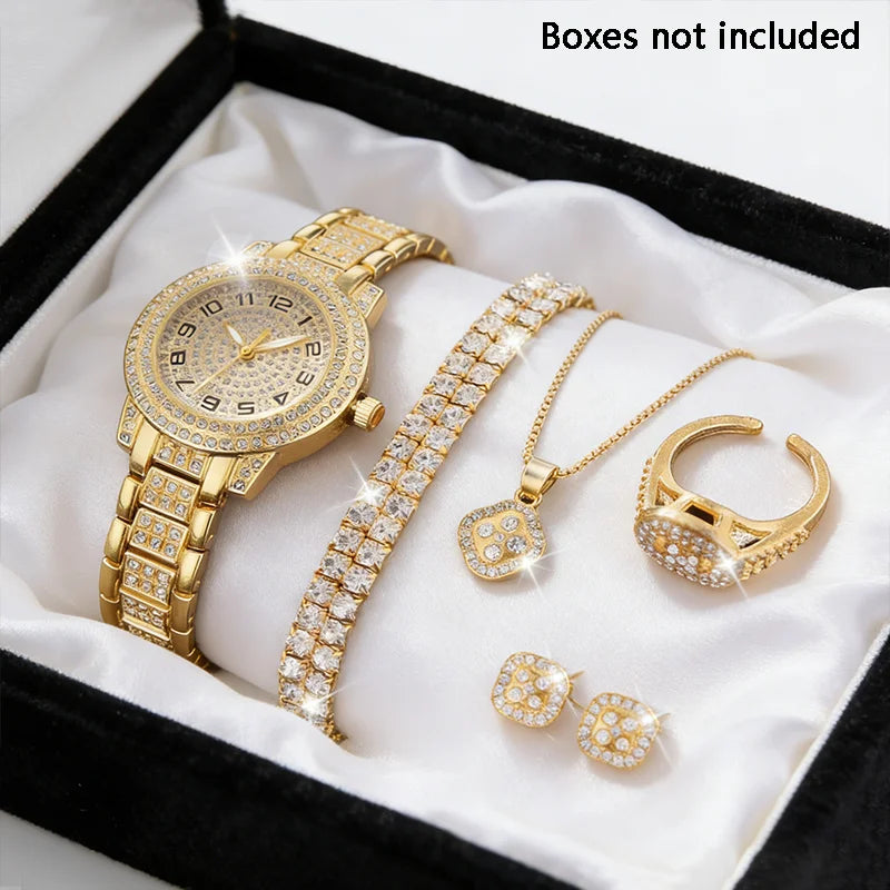 Women's Gold Diamond Watch & Jewelry Set – 5-Piece Gift Set | Watch, Bracelet, Necklace, Ring & Earrings