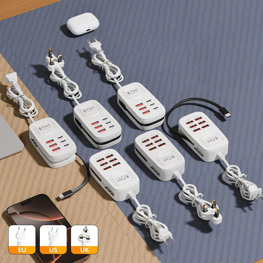 6-Port USB Fast Charger – Desktop Charging Station with USB-C (EU/UK/US)