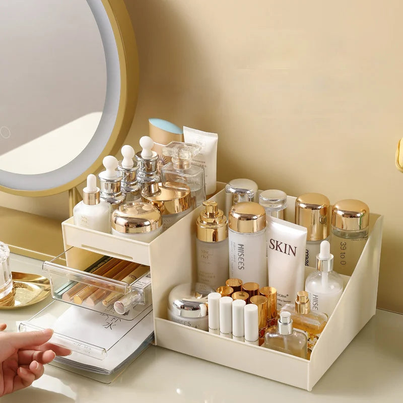 Desktop Cosmetic Organizer with Drawer – Beige Makeup Storage Box & Display Case