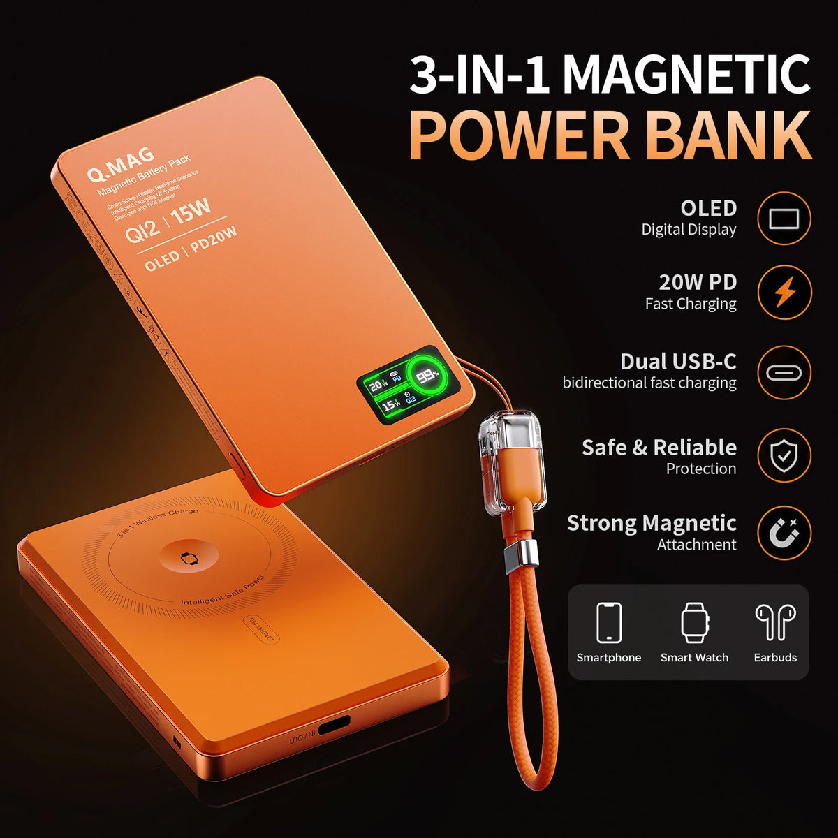 3-in-1 Magnetic Power Bank – Qi2.1, 15W Wireless, LCD Screen, 5000/10000mAh, for iPhone & Apple Watch