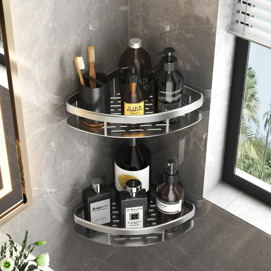 Aluminum Alloy No-Drill Shower Shelf – Wall-Mounted Bathroom & Kitchen Storage Rack