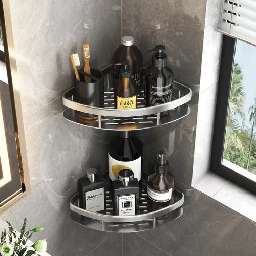 Aluminum Alloy No-Drill Shower Shelf – Wall-Mounted Bathroom & Kitchen Storage Rack